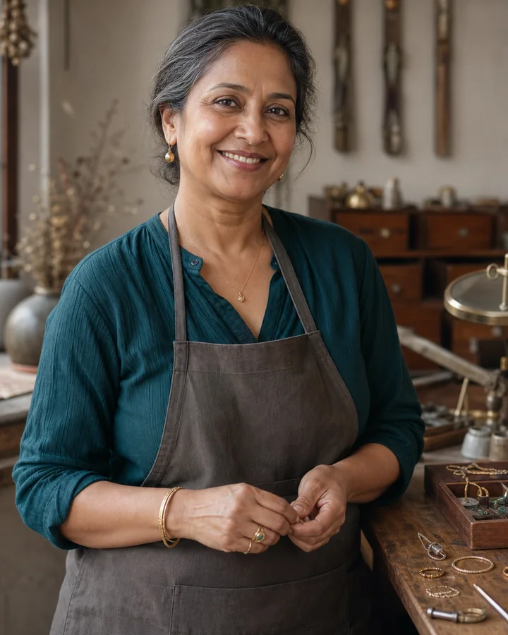 Illustrative jewelry merchant persona at an artisan workbench