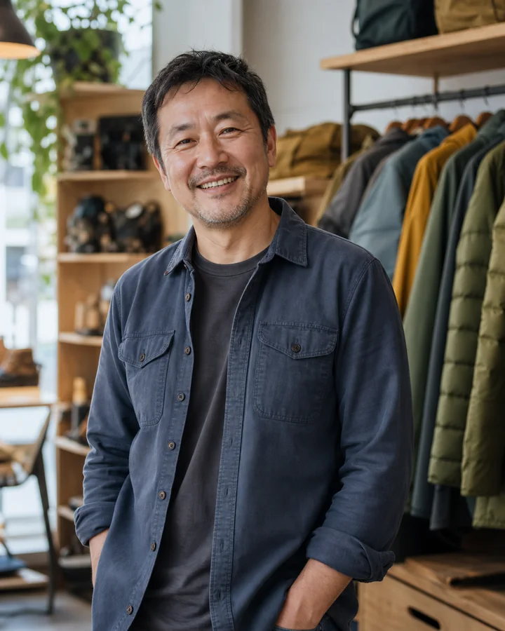 Illustrative outdoor-store merchant persona in a bright independent shop