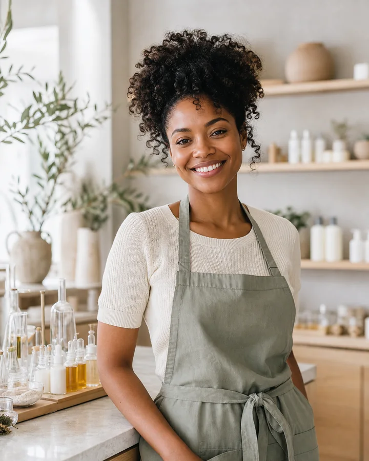 Illustrative skincare merchant persona in a light botanical studio